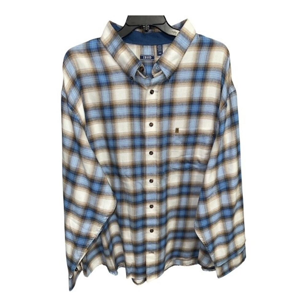 IZOD Stratton Flannel 4XL Shirt Men Calm Blue Brown Plaid Soft Touch Logo Pocket